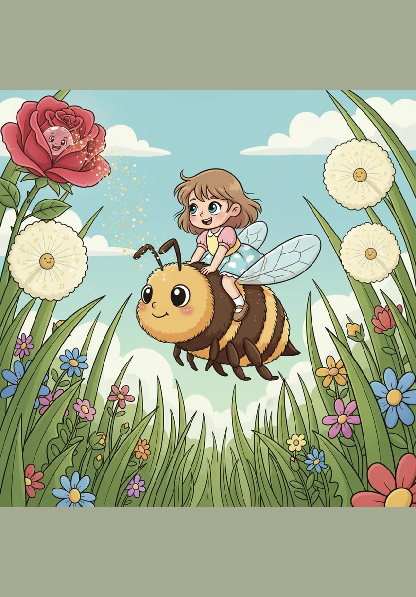 With a gentle puff of shimmering pollen, the rose cast a spell that made Lily feel lighter than a feather. She watched in wonder as the grass grew tall like skyscrapers around her, and she became small enough to ride on the back of a honeybee.