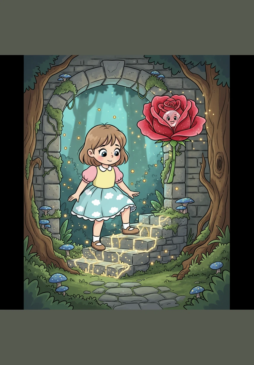 She followed the rose’s instructions and stepped into a hidden tunnel lined with glowing moss and golden roots. The air smelled of sweet honey and ancient secrets, beckoning her deeper into the cool, dark earth.