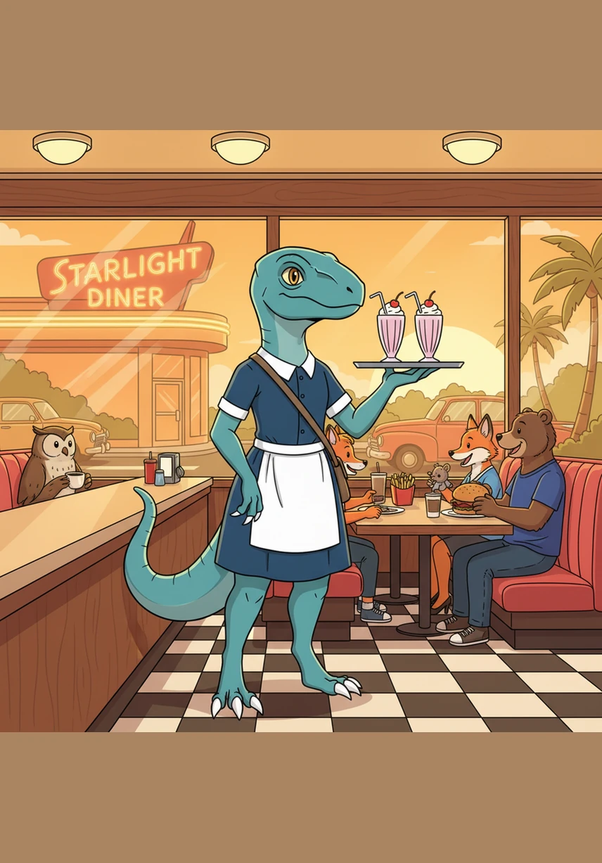 On a golden Saturday evening in July, the neon sign of the Starlight Diner hummed softly against the deepening purple sky. Inside, the comforting smell of fresh coffee and grilled burgers filled the air as families enjoyed their weekend treats.