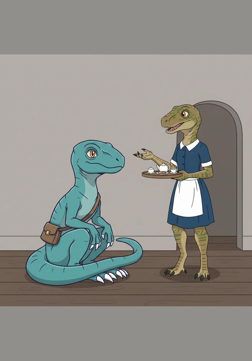 The chime above the door rang, and a sudden hush fell over the room as a sleek, feathered Velociraptor stepped inside. Customers froze with their forks halfway to their mouths, eyes wide with surprise and fear at the sight of the prehistoric visitor.