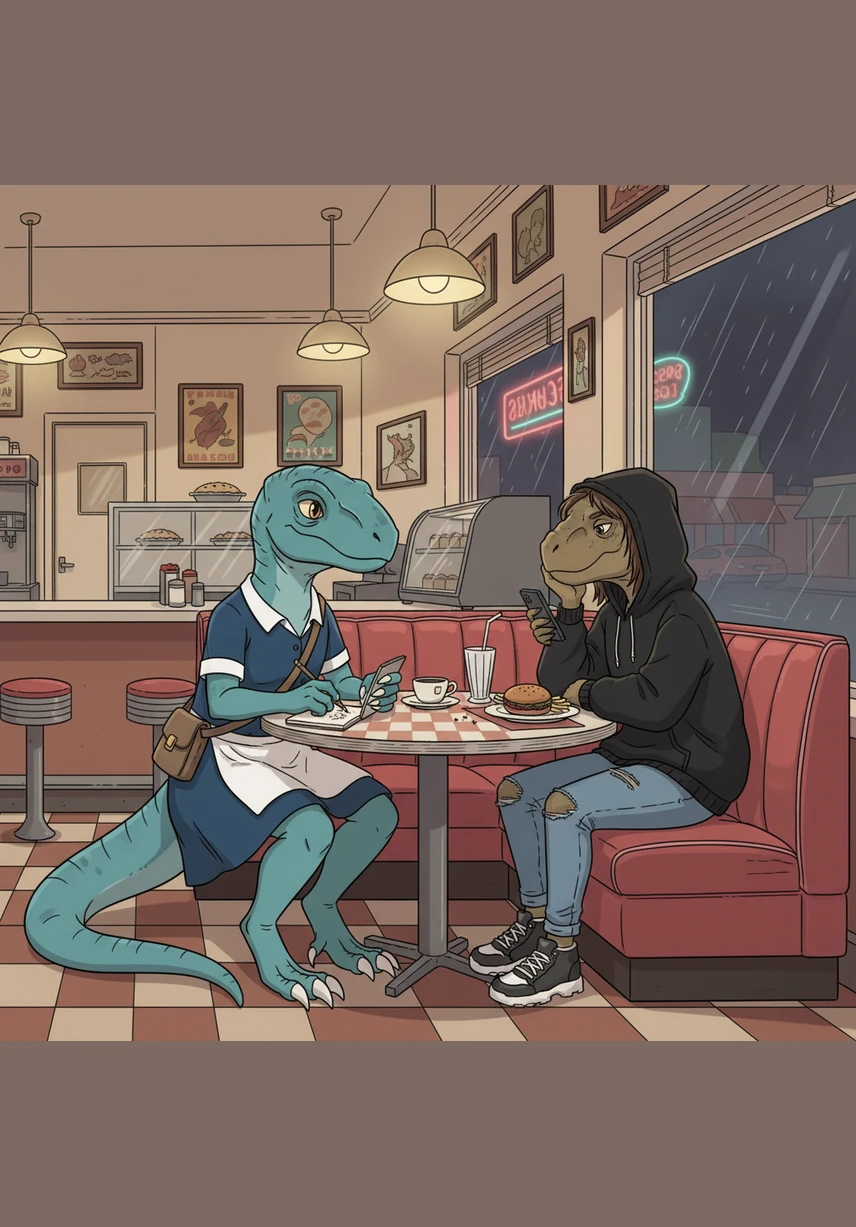 Instead of growling, the dinosaur calmly walked to a corner booth and slid onto the red vinyl seat. He tucked his long tail neatly beside him and looked around with curious, intelligent eyes, waiting patiently for someone to take his order.