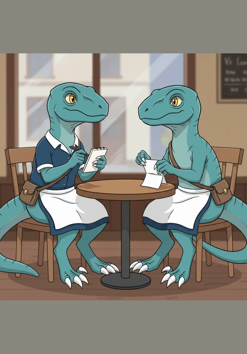 A brave waitress named Molly approached the table, her hands trembling slightly as she held her order pad and pen. Victor the Velociraptor didn't make a sound, but he reached into a small satchel and pulled out a neatly folded piece of paper.