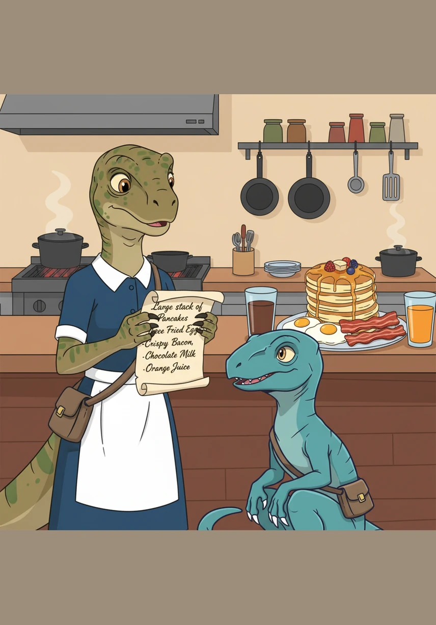 The note was written in clear, elegant letters, requesting a large stack of pancakes, three fried eggs, crispy bacon, chocolate milk, and orange juice. Molly realized this wasn't a predator on the hunt, but a hungry traveler with a very specific craving for breakfast.