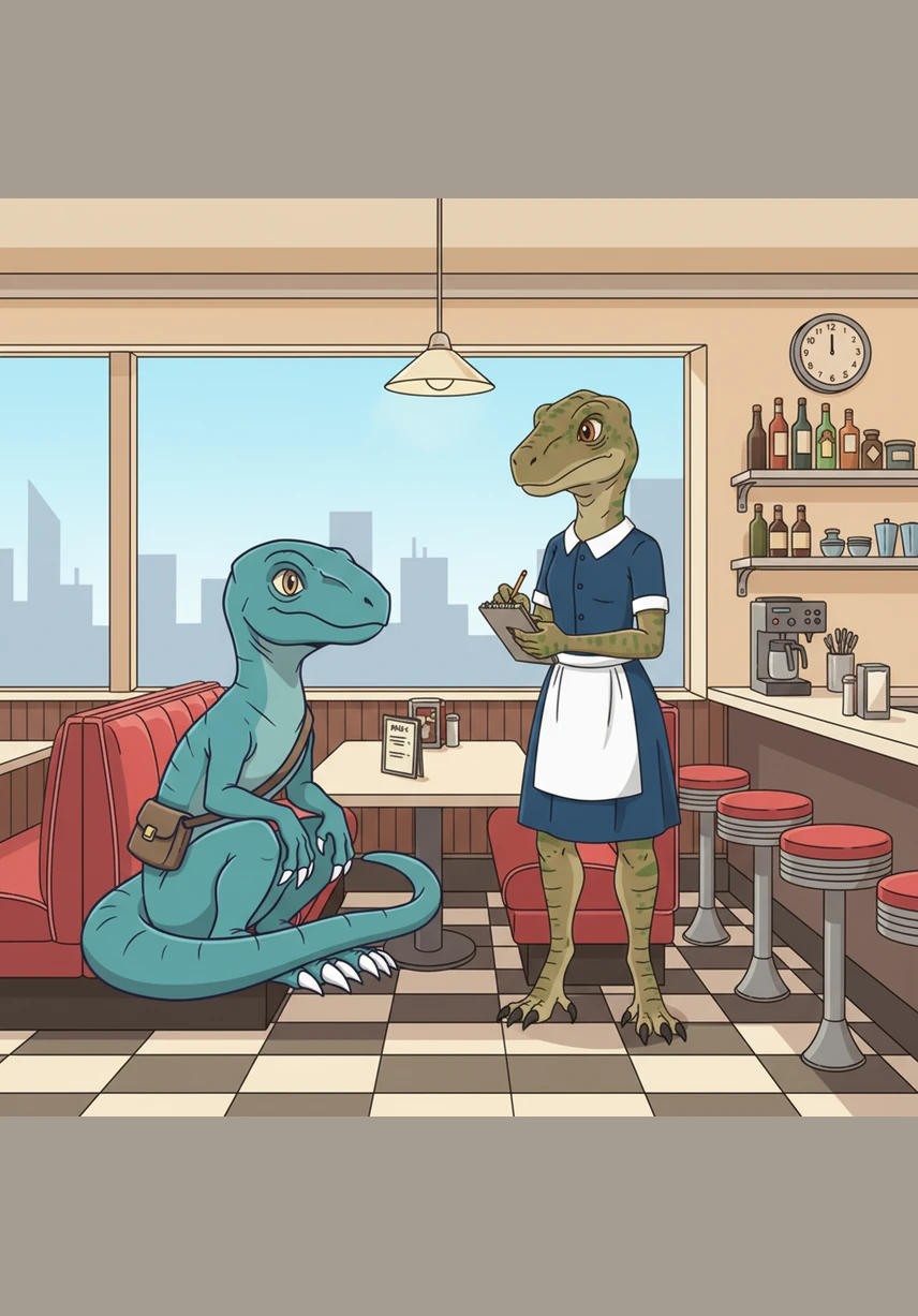 In the kitchen, the cook flipped golden pancakes and sizzled bacon while the staff peeked through the service window in total disbelief. The dinosaur sat quietly in his booth, tapping his claws rhythmically on the table as the delicious scents reached his snout.