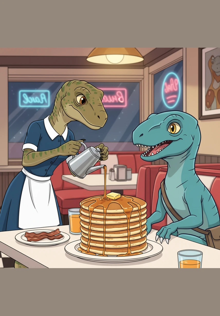 Molly delivered the feast, placing a tall stack of pancakes topped with a melting pat of butter right in front of Victor. She poured a thick stream of maple syrup that glistened in the warm diner lights, and the raptor’s eyes sparkled with pure joy.