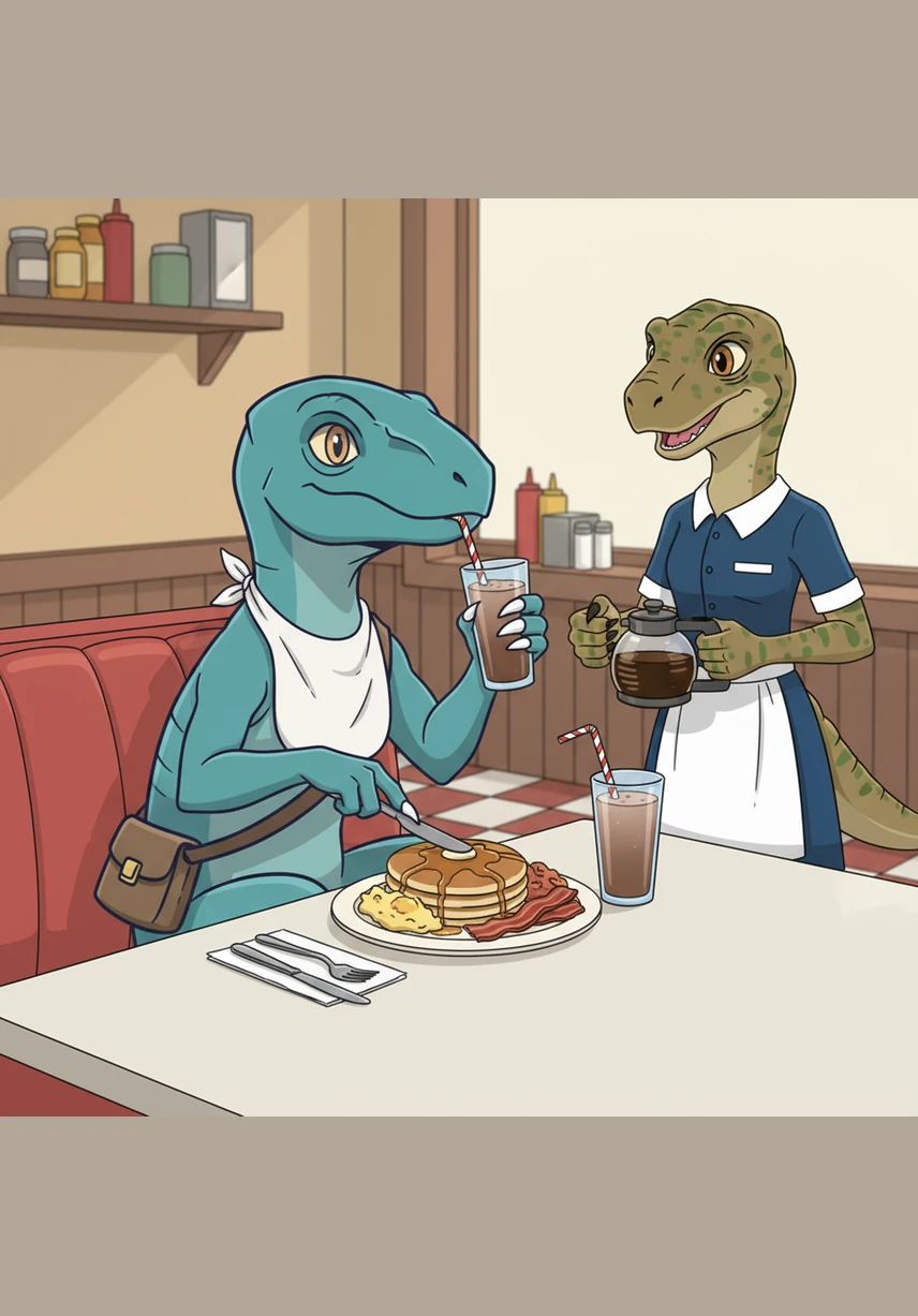 Using his sharp claws with surprising delicacy, Victor began to enjoy his breakfast-for-dinner feast. He sipped his chocolate milk through a straw and carefully cut his eggs, proving he was much more interested in syrup than scaring the local townspeople.