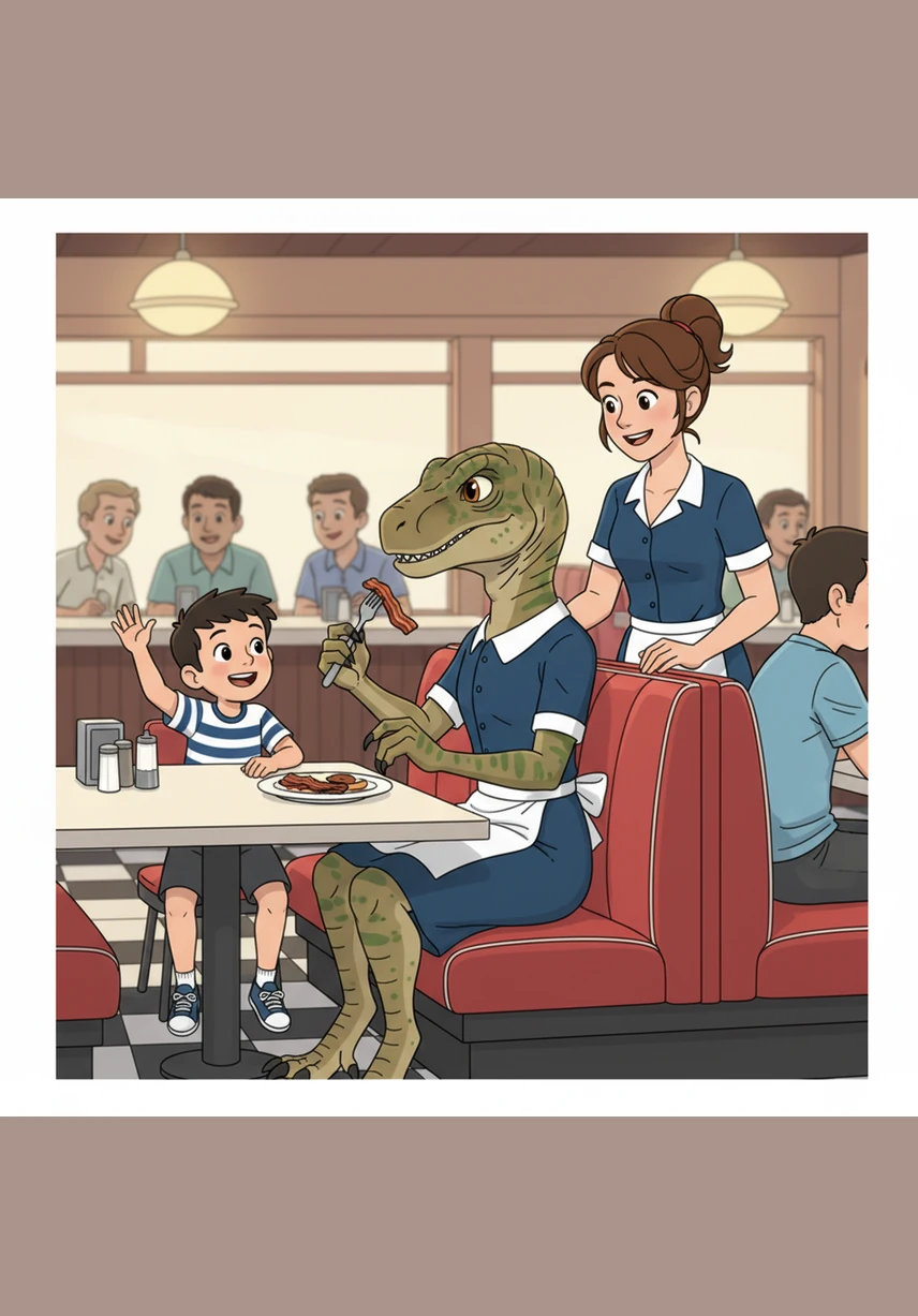 The tension in the diner melted away as the patrons realized Victor was just a gentle animal with a love for human cooking. A young boy at the next table waved a friendly hello, and Victor gave a polite, tiny nod before finishing his last bite of crispy bacon.