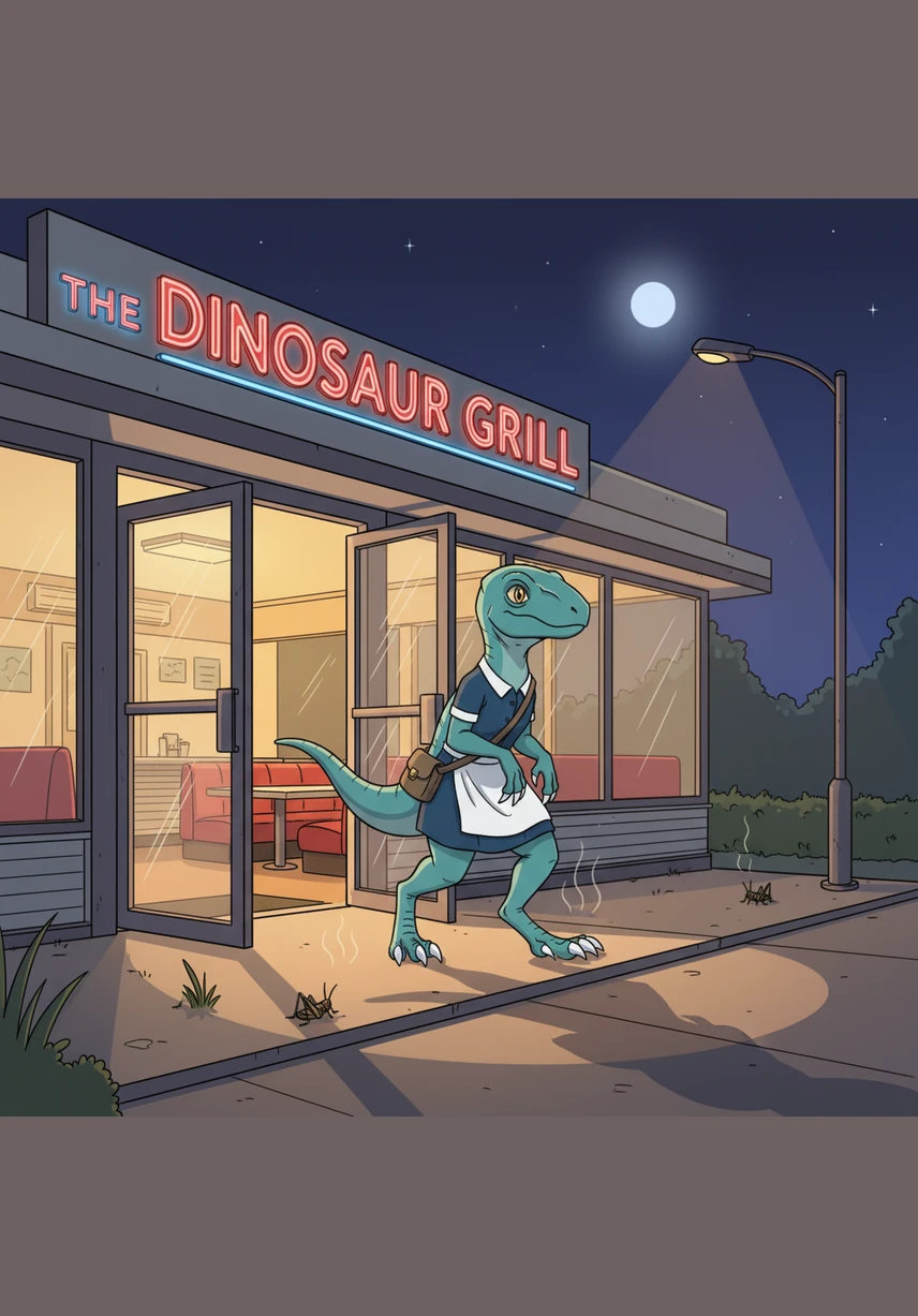 After leaving a shiny gold coin on the table as a generous tip, Victor stepped back out into the warm July night air. With a full belly and a happy heart, the Velociraptor vanished into the shadows, leaving the diner patrons with a story they would cherish forever.