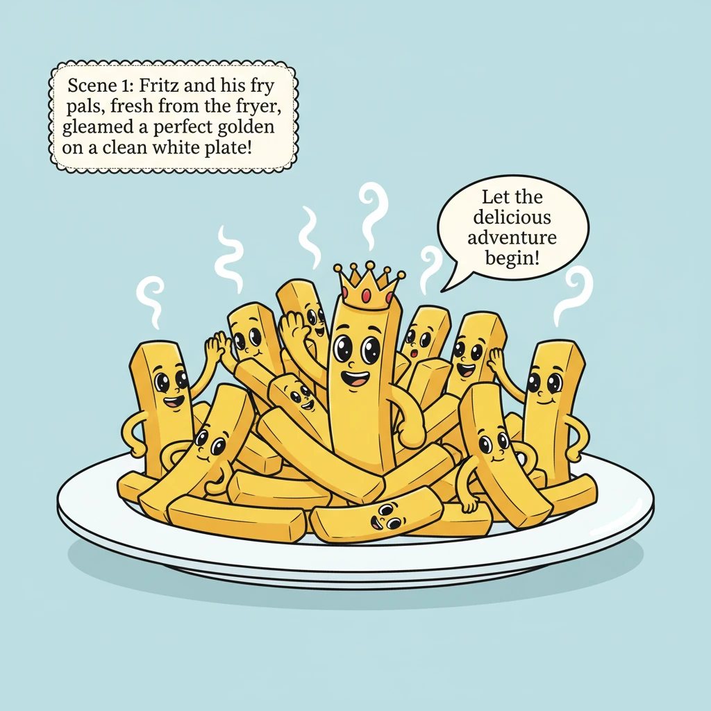 Fritz and his fry pals, fresh from the fryer, gleamed a perfect golden on a clean white plate. They were piled high, each little fry stick brimming wi