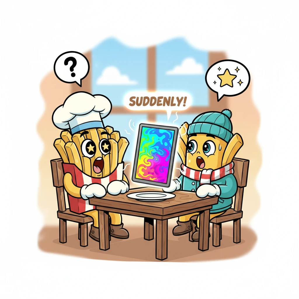 Suddenly, a massive, glowing rectangular device descended onto the table, landing with a soft thud right beside their plate. Its screen pulsed with vi