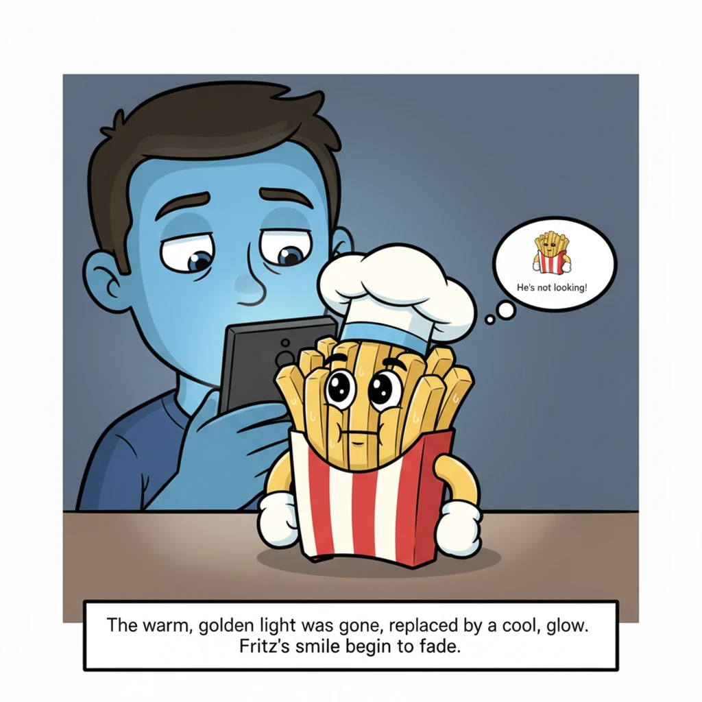 The human owner's face, once looking at the fries, was now completely illuminated by the phone's mesmerizing glow, their eyes fixed firmly on its shif