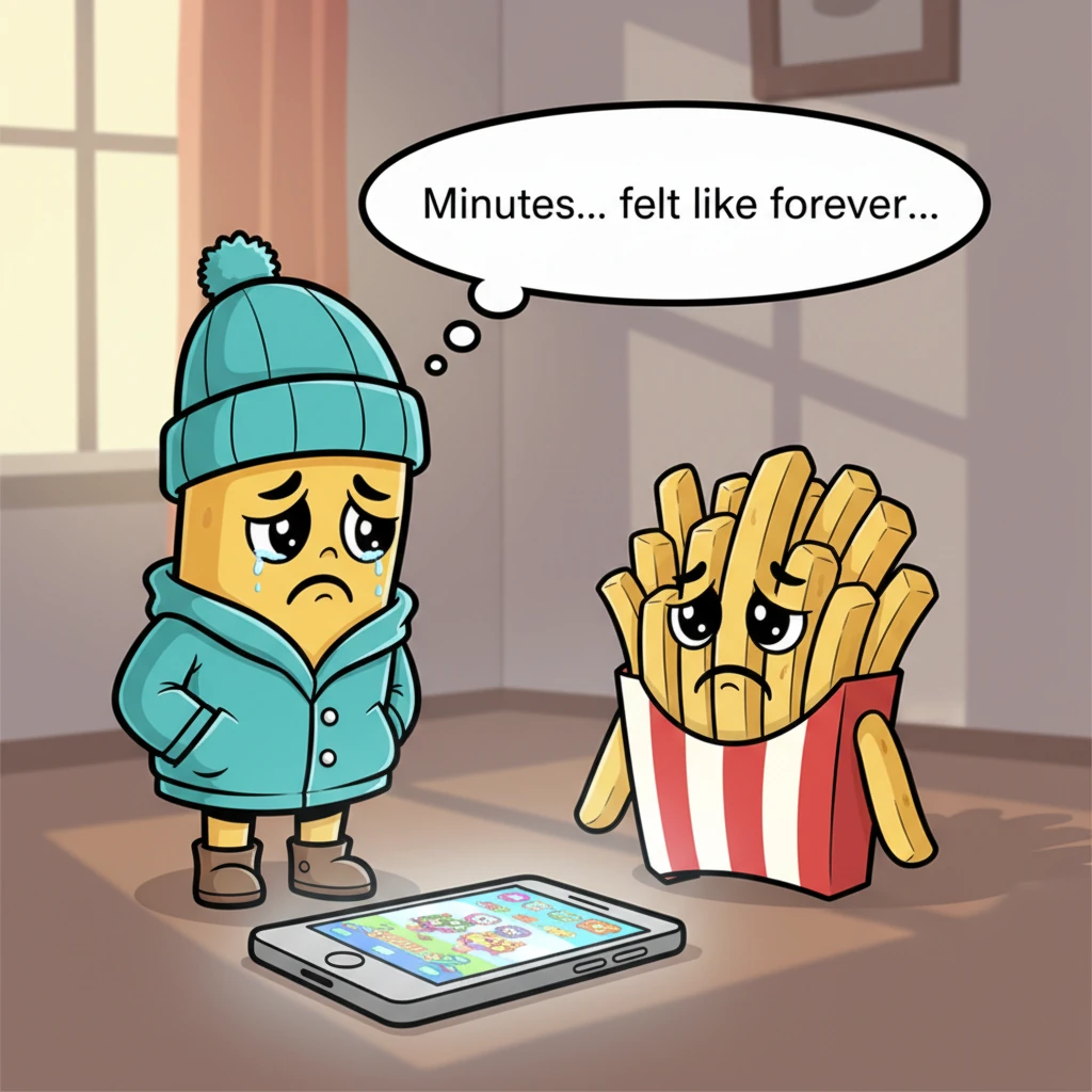 Minutes stretched into what felt like an eternity. The fries, once crisp and warm, started to sag, their golden hues dimming to a duller tone. Their e