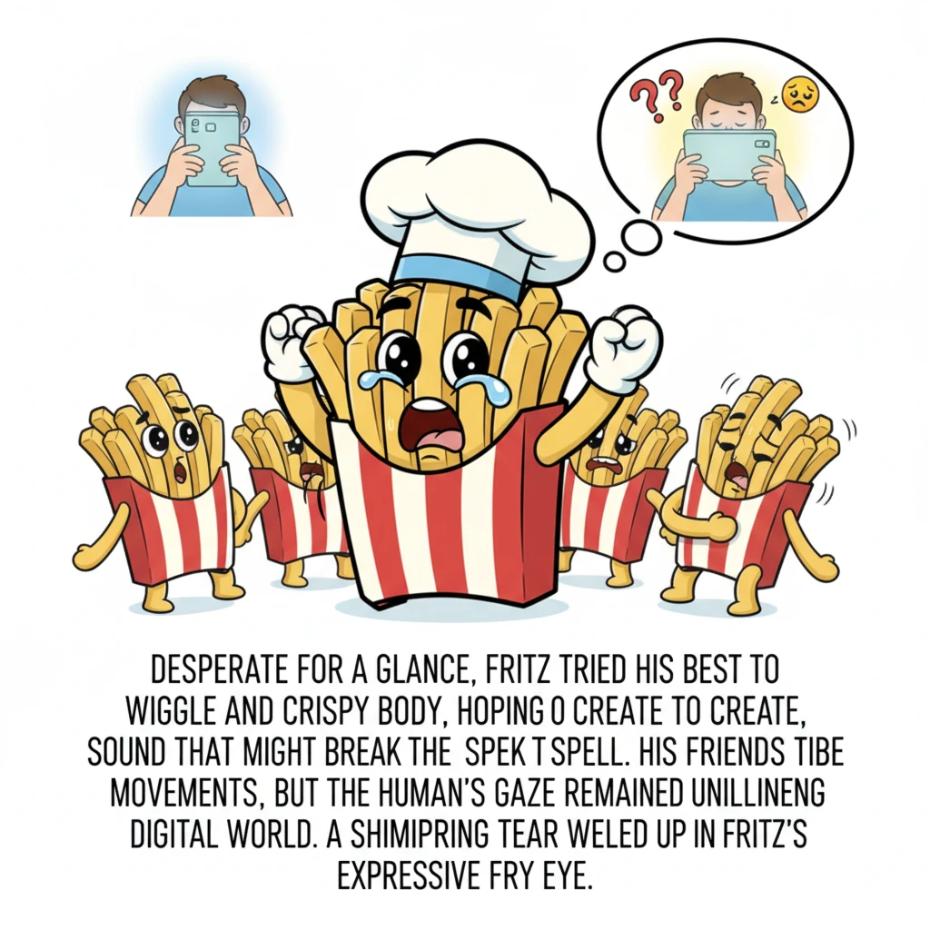 Desperate for a glance, Fritz tried his best to wiggle and rustle his crispy body, hoping to create a sound that might break the spell. His friends jo