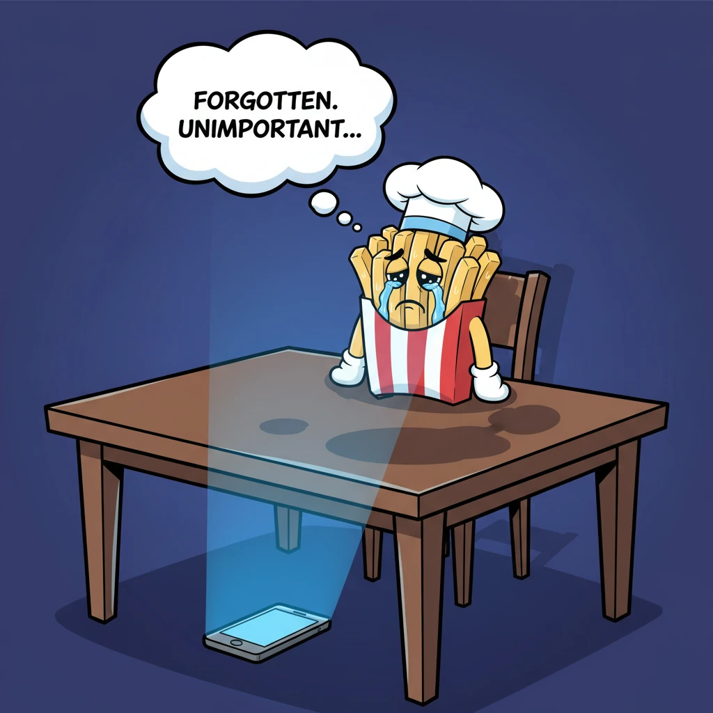 The cool, stark blue light from the phone now cast long, dramatic shadows across the entire table, emphasizing the fries' growing loneliness. Fritz fe