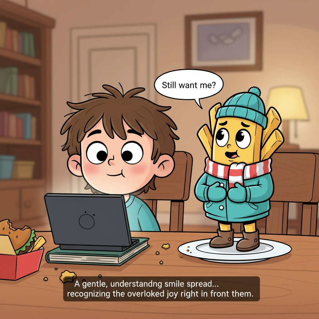 The human slowly blinked, their eyes adjusting as they looked up from the now-dark device. Their gaze drifted across the table, finally landing on the