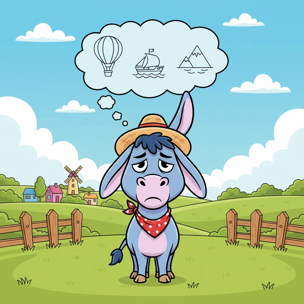 Barnaby the donkey stood looking rather glum in a quiet field, his ears drooping slightly. He dreamed of exciting adventures beyond his everyday routine, wishing for a bit more fun in his life.