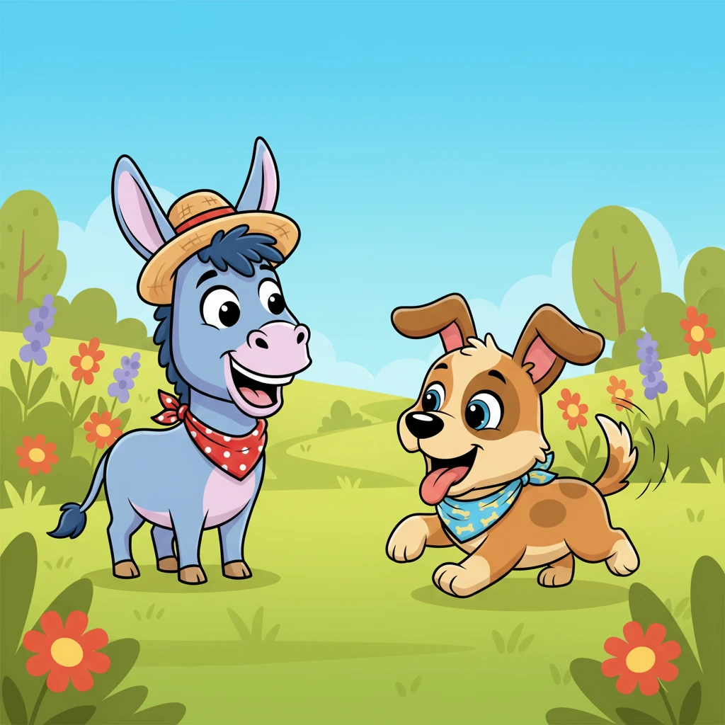 Soon, a bouncy dog with floppy ears trotted up to Barnaby, wagging his tail excitedly. The two instantly became friends and decided to set off together, hoping to find some adventure.