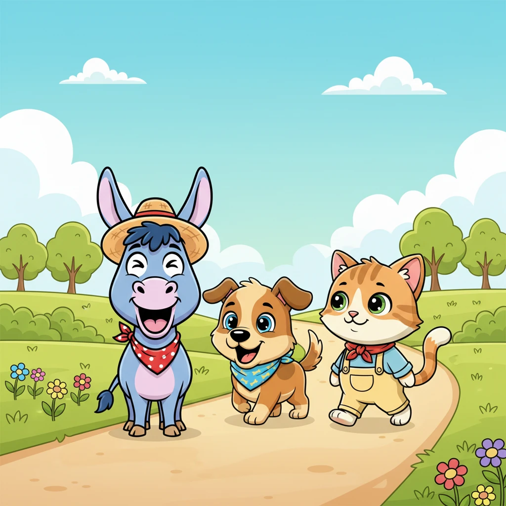 As they ambled down a winding path, a sleek, curious cat with bright green eyes joined their journey. The trio now felt ready for anything, their spirits high as they continued on their way.