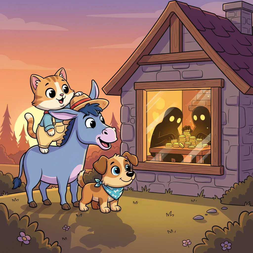 The sun began to set, casting long shadows, and the friends spotted a warm, inviting house in the distance. Peeking through a window, they saw two shadowy figures inside, counting piles of shiny gold coins.