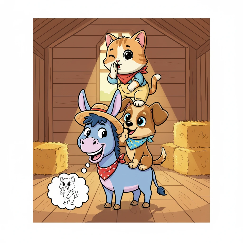 Barnaby, the dog, and the cat whispered together, forming a brilliant, daring plan. They decided to stack themselves up, one on top of the other, to create the most surprising 'monster' ever seen!