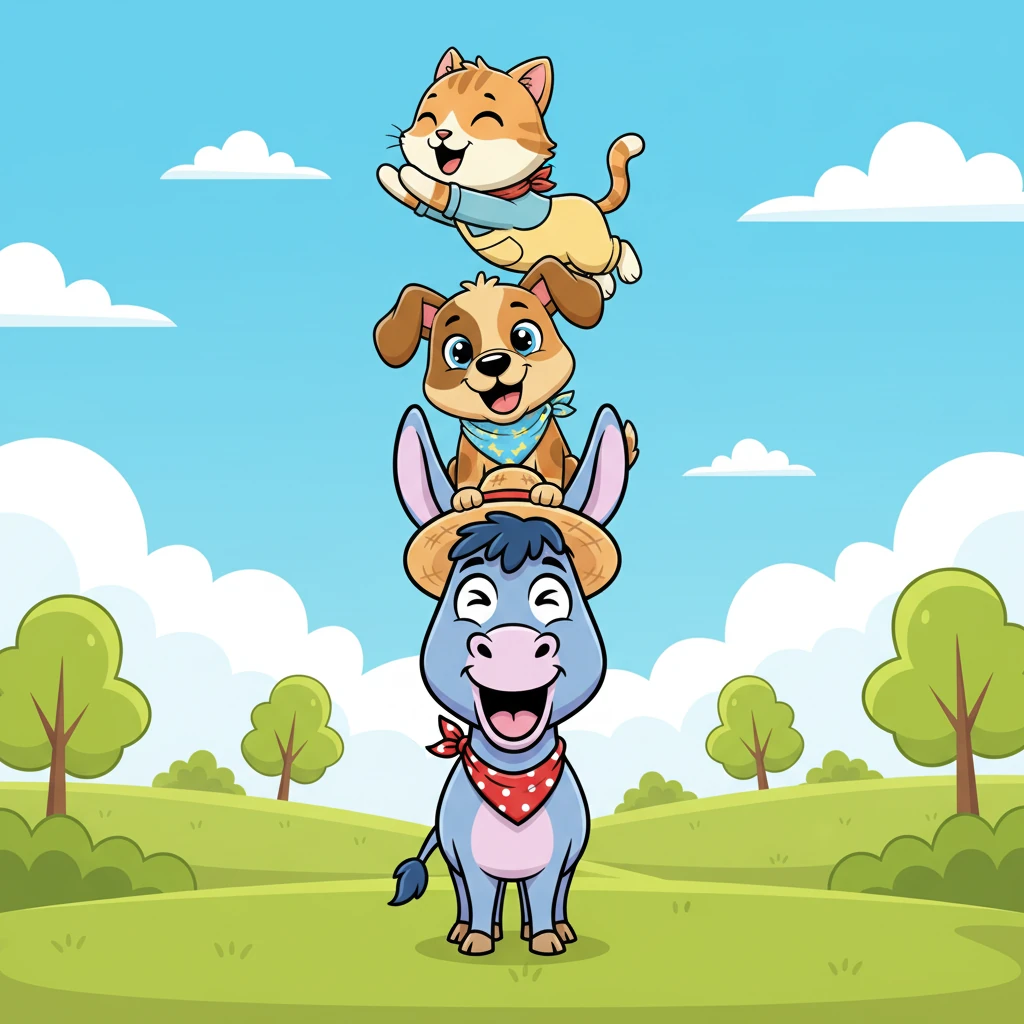 Next, the agile cat gracefully leaped onto the dog's back, balancing perfectly. She arched her back, stretching high, adding to their growing, wobbly tower of friends.