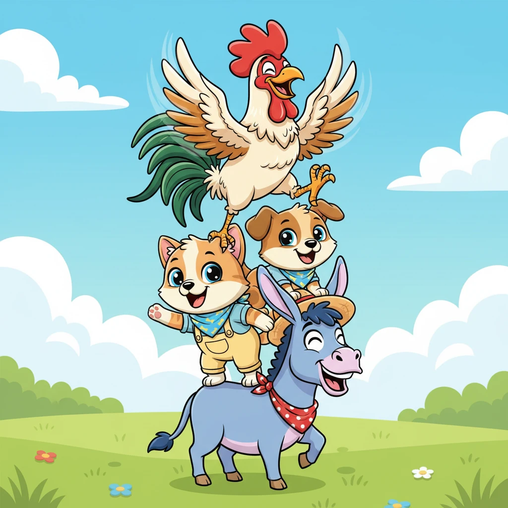 Finally, a proud rooster with a magnificent red comb flapped his wings and flew to the very top. He stood majestically, completing their incredible, multi-tiered animal stack.