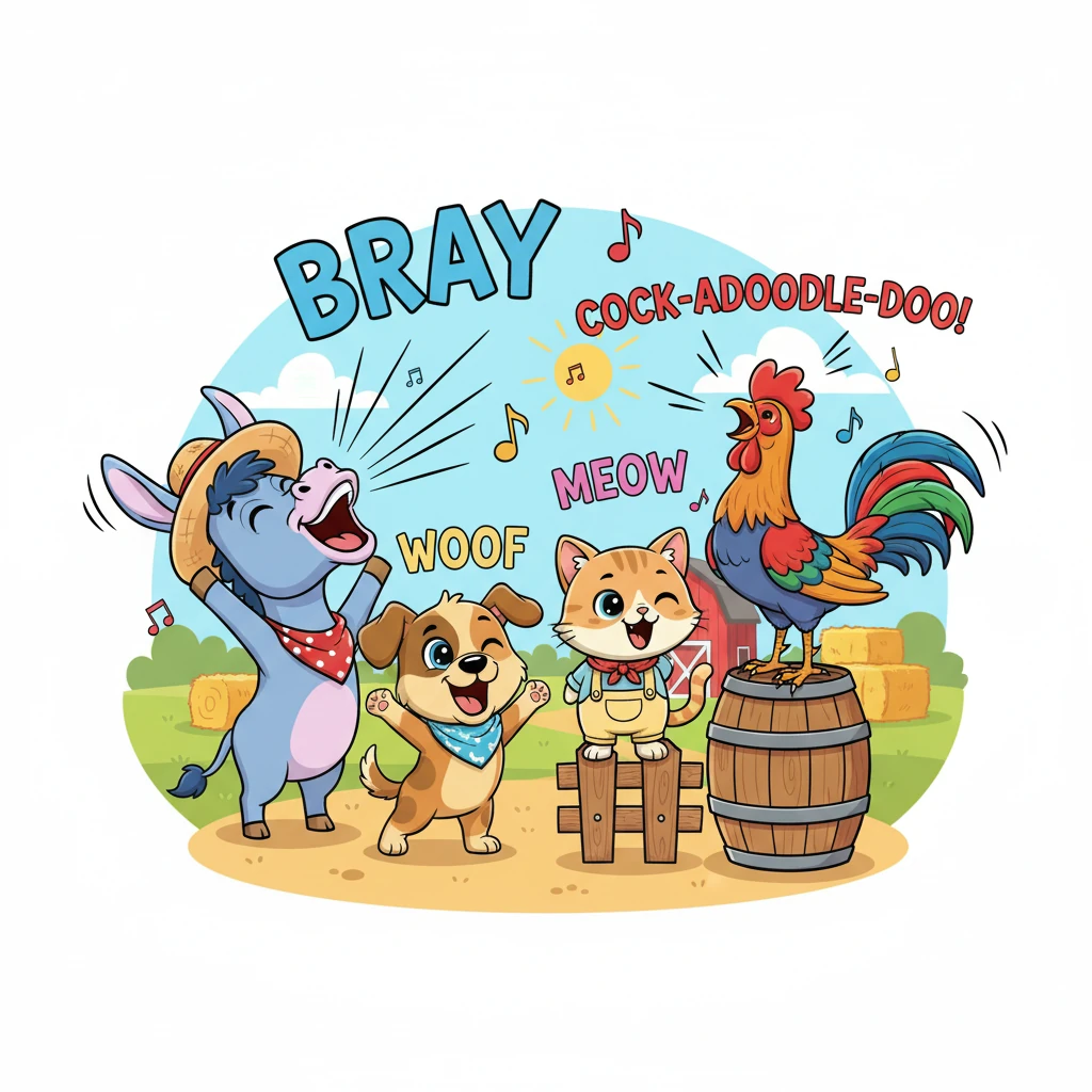 With a deep breath, they unleashed their combined voices! Barnaby let out a mighty BRAY, the dog gave a loud WOOF, the cat yowled a piercing MEOW, and the rooster crowed with all his might, COCK-A-DOODLE-DOO!