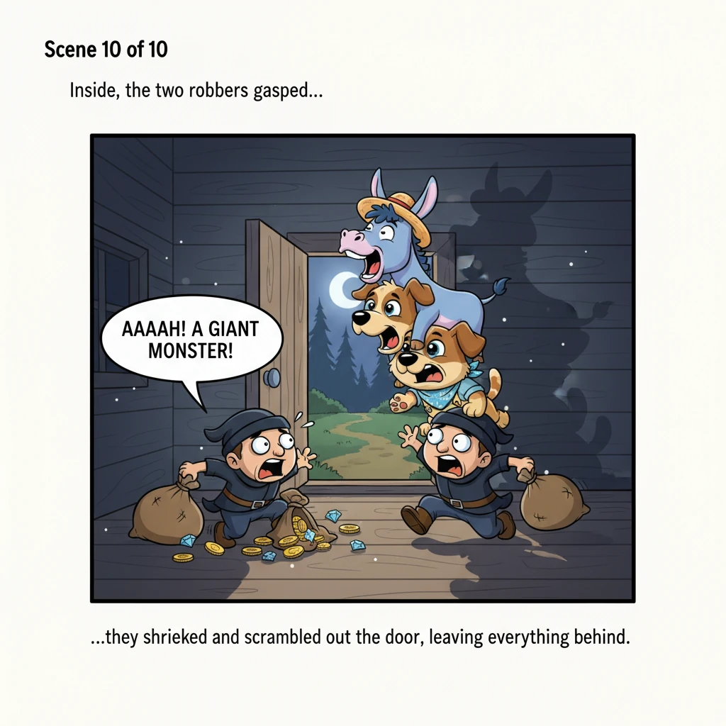 Inside, the two robbers gasped, their eyes wide with terror as they dropped their bags of treasure. Convinced a giant, noisy monster had arrived, they shrieked and scrambled out the door, running away as fast as their legs could carry them, leaving everything behind.