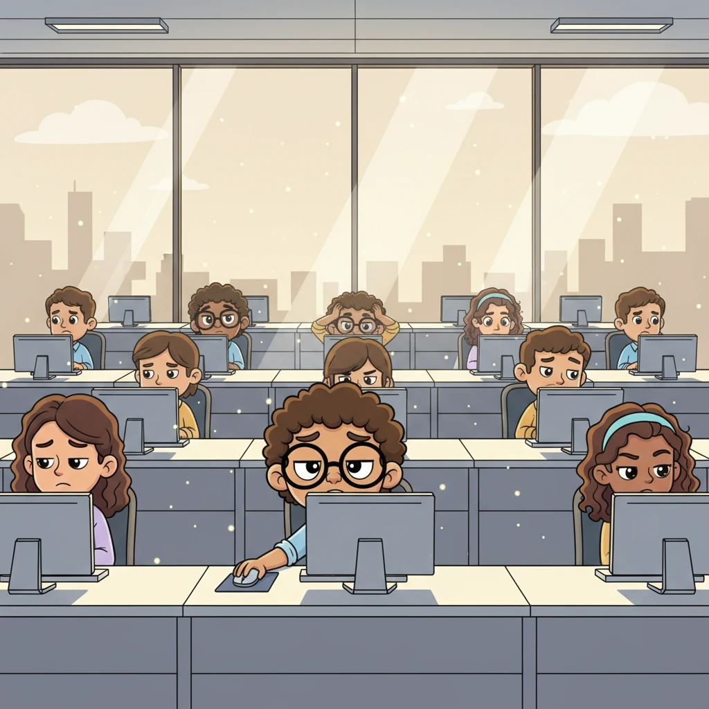 The office is a sea of desks, each occupied by a person hunched over their computer, their shoulders tense. Sunlight streams through the numerous glass walls, highlighting the dust motes dancing in the air, but the space feels strangely heavy and quiet. No one speaks, and even their exaggerated cartoon faces show worried frowns and tight lips, creating an atmosphere of unspoken stress.