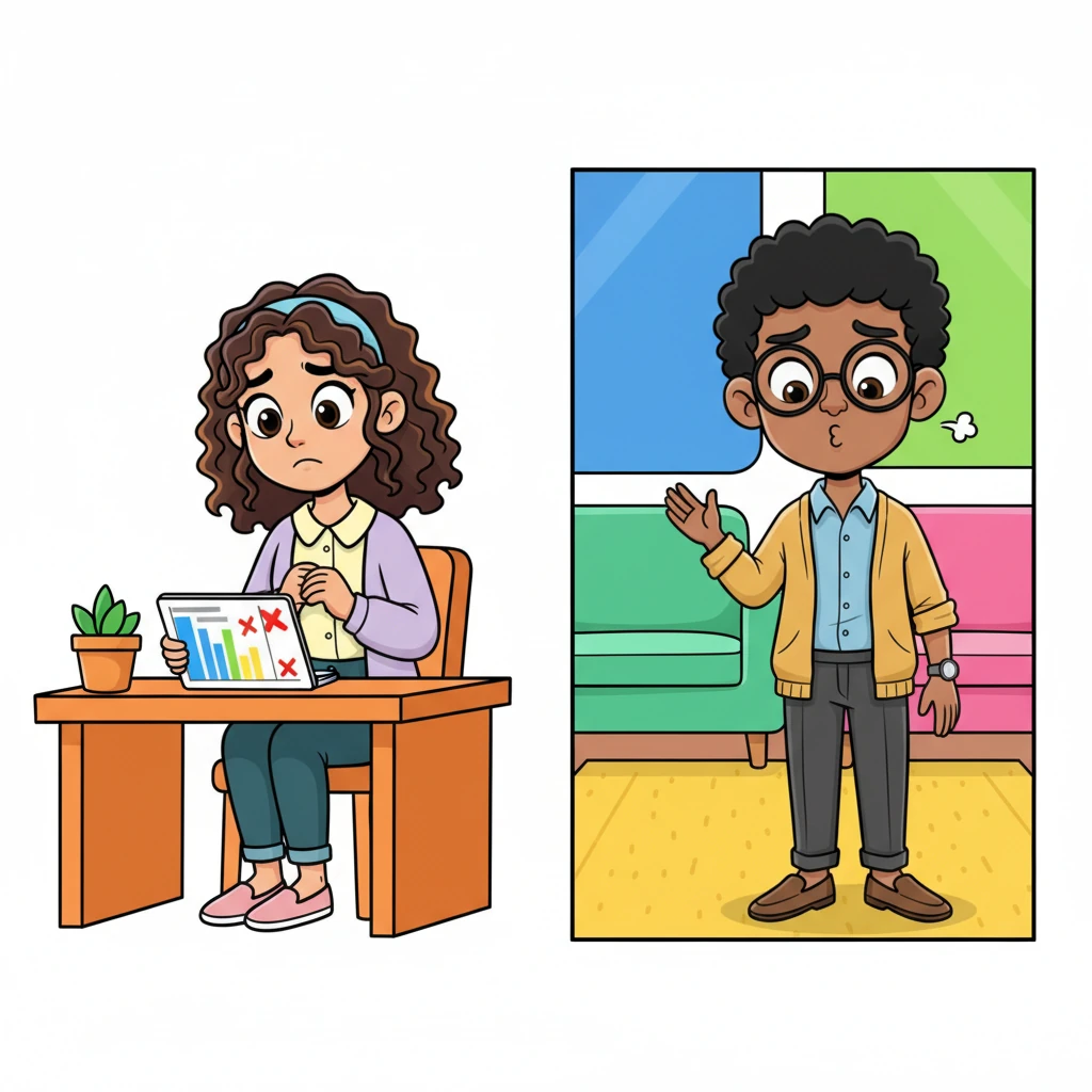 On one side, Maya, with her curly hair and wide, worried eyes, stares at a brightly colored but clearly red-flagged digital timeline on her screen, her hands clutched together. On the other side, Jordan, a character with a perpetually curious expression, is shown in a meeting room, his hand playfully half-raised to speak, only for his shoulders to droop as he slowly lowers it, a small sigh escaping his lips. The vibrant colors of the office contrast sharply with their visible distress.