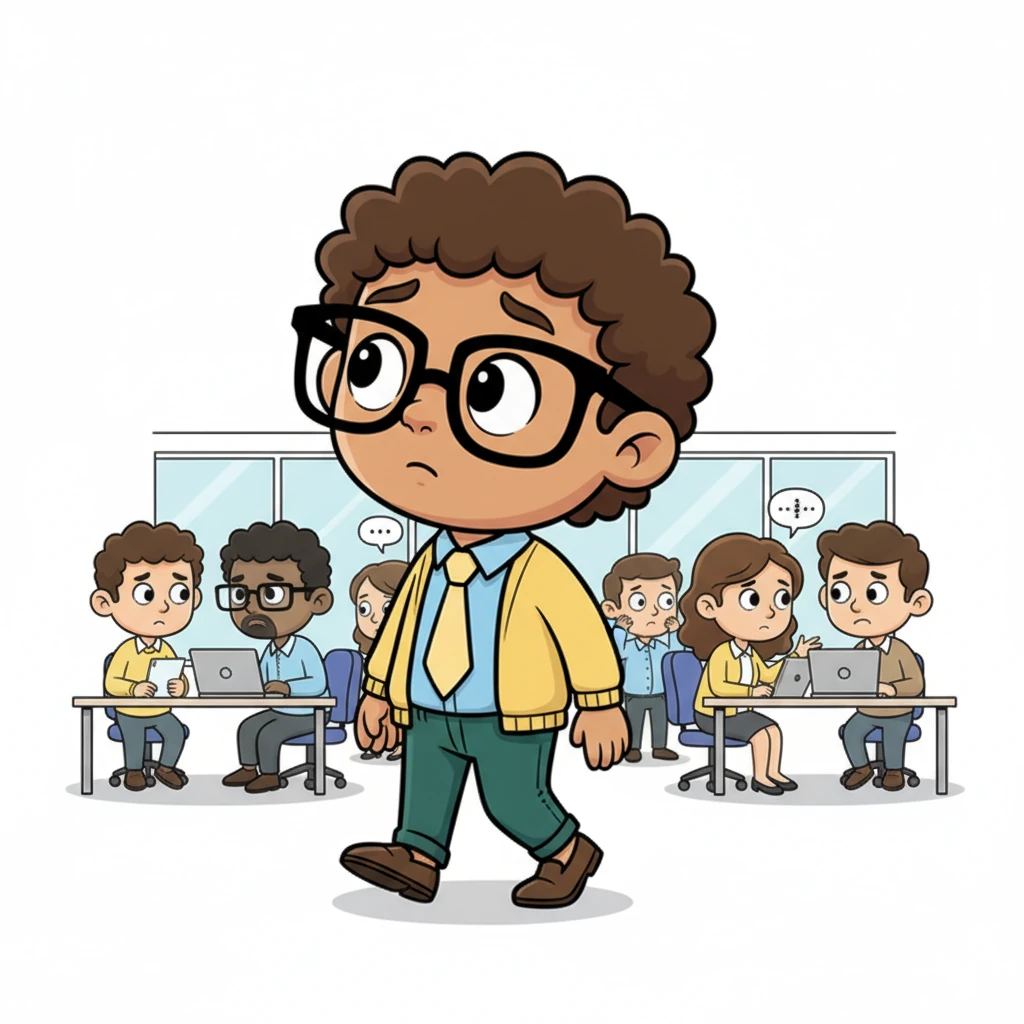 Alex, a cheerful character with a thoughtful expression, walks slowly through the bustling yet silent office, their head tilted slightly as they observe their team. Their eyes, wide and empathetic, scan the slumped shoulders, the quick glances, and the general air of quiet anxiety. They notice the subtle signs of strain, like a detective piecing together a puzzle, their brow furrowed in gentle concern.