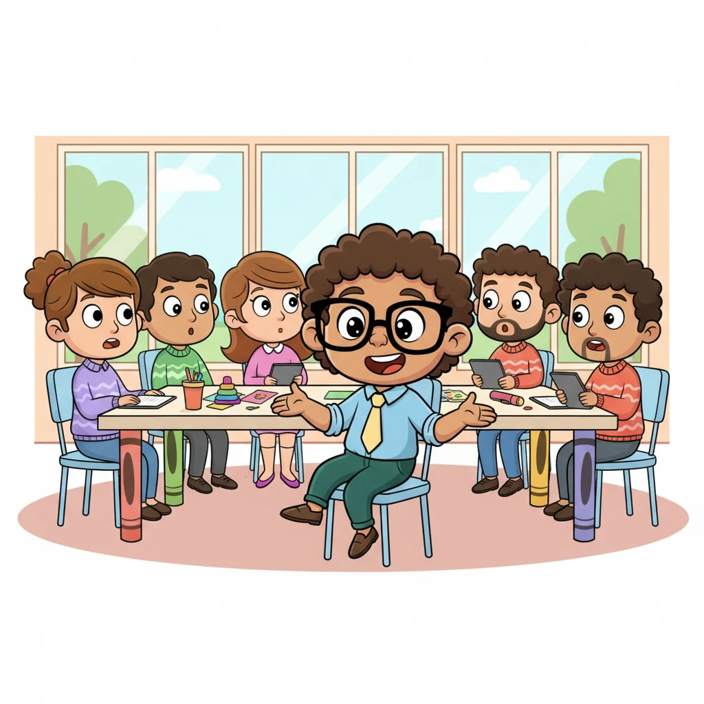 In a brightly lit meeting room, Alex is seated not at the imposing head of the long, colorful table, but casually among the team members, their chair slightly angled towards everyone. Their friendly, open face beams at the initially surprised team, who are still a bit stiff. Alex’s hands are open, gesturing welcomingly as they initiate a different kind of conversation.