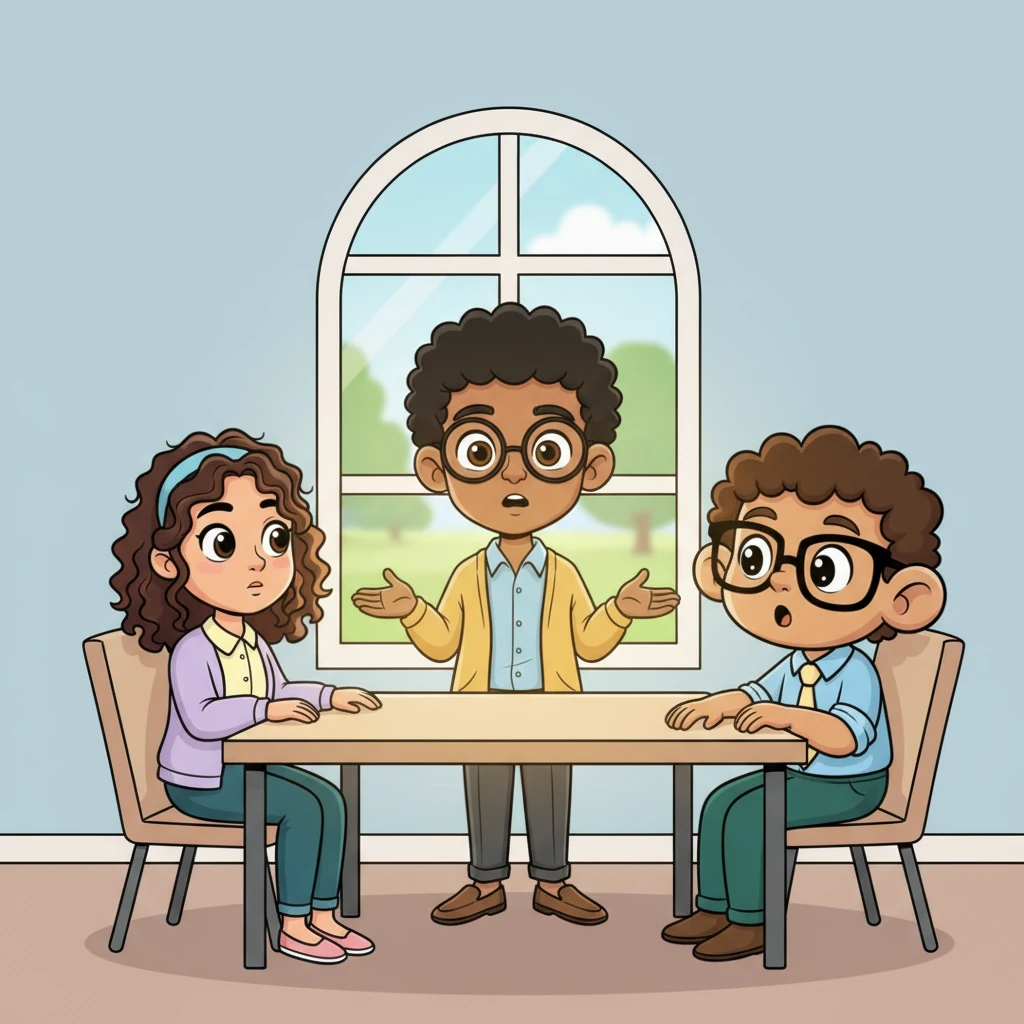 Alex speaks with a calm, clear voice, their expression earnest and a little vulnerable, as they admit their own mistake. The team, initially hesitant, leans forward in their chairs, their exaggerated ears perked up, eyes wide with surprise and newfound attention. A soft, warm glow seems to emanate from Alex, illuminating the attentive faces of their colleagues.