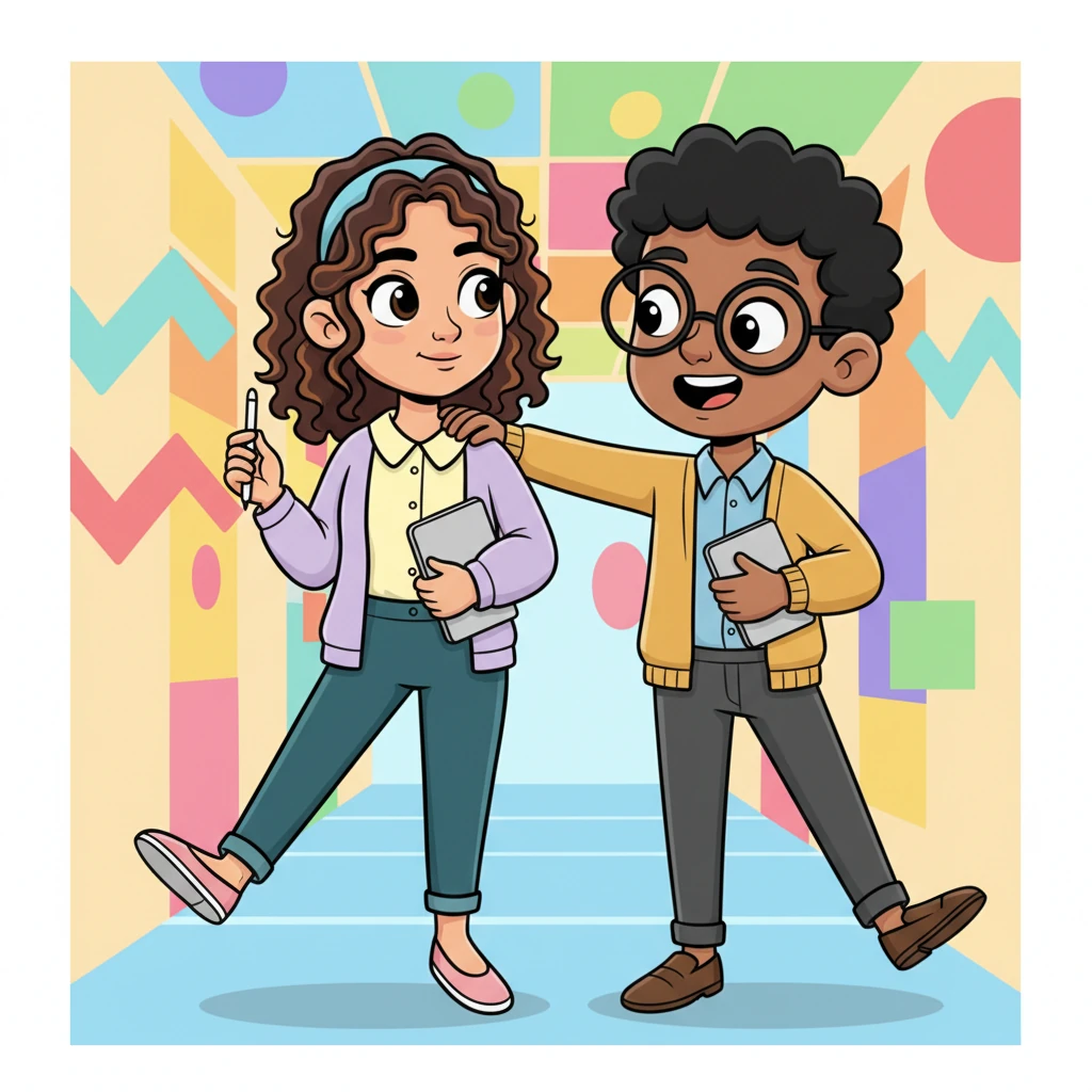 Alex and Maya walk cheerfully side-by-side down a brightly colored hallway, their cartoon legs taking long, confident strides. Alex, with an arm playfully slung over Maya's shoulder, speaks with a warm, encouraging smile, while Maya listens intently, her expression thoughtful and receptive. The background is filled with playful, abstract shapes, suggesting a positive, forward movement.
