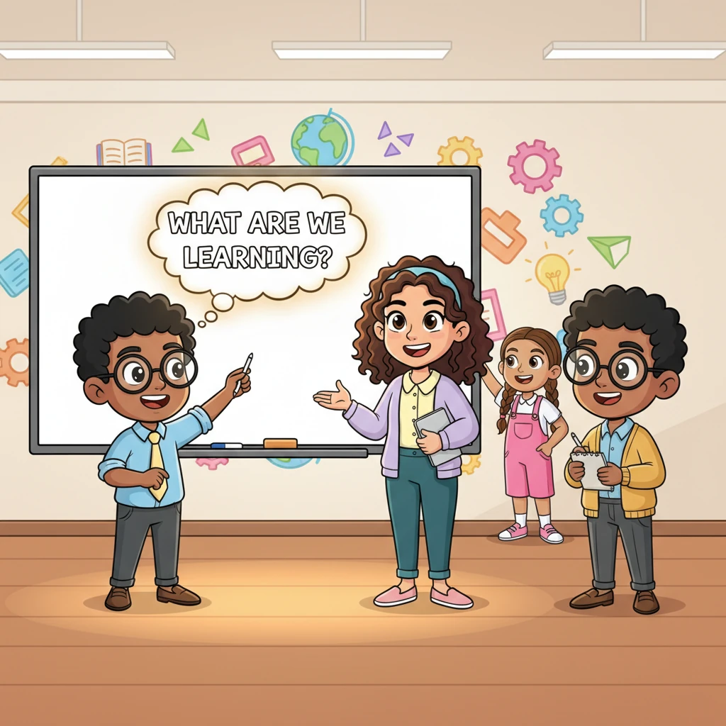 The entire team, now looking much more relaxed and engaged, gathers excitedly around a giant, glowing whiteboard. Alex points to a playfully drawn thought bubble on the board that reads "What are we learning?", their face animated with enthusiasm. Everyone is smiling, some gesturing, others jotting down ideas, their dynamic poses showing active participation and shared purpose.