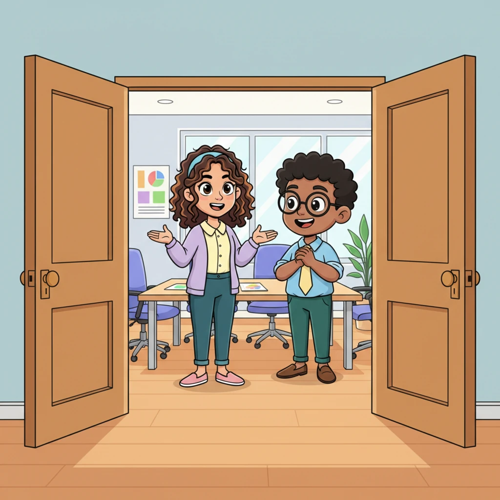 The very next day, the meeting room door stands wide open, inviting and cheerful, revealing a vibrant scene inside. Maya is confidently speaking, her hands gesturing animatedly, while Jordan adds his thoughts with a playful grin. Alex, positioned slightly to the side, listens with a proud, beaming smile, observing the thriving, communicative atmosphere they helped create.