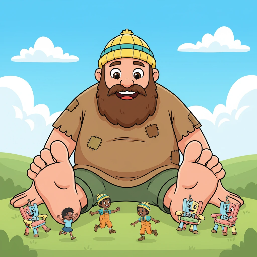 High above the rolling hills, Barnaby the giant could hear delightful sounds. He heard the tinkling laughter and joyful glee of children playing far below. He watched them skip and twirl by his enormous feet, a happy dance in the sunshine.