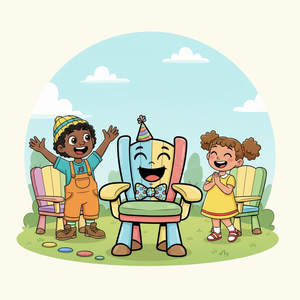 The children looked up, startled at first, then their surprise turned into giggles. "Oh, what fun that would be!" they cheered. Barnaby beamed, "I have a favorite game! It's called musical chairs. Let's play!"