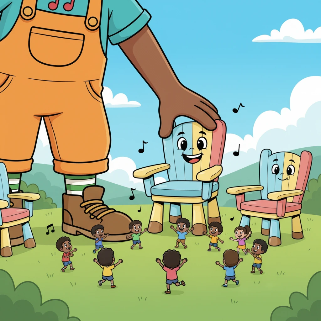 With a mighty but careful hand, Barnaby arranged several colossal chairs in a circle. The children watched with wide, amazed eyes. As the music began to play, they all danced with tiny steps around his giant feet, full of anticipation.