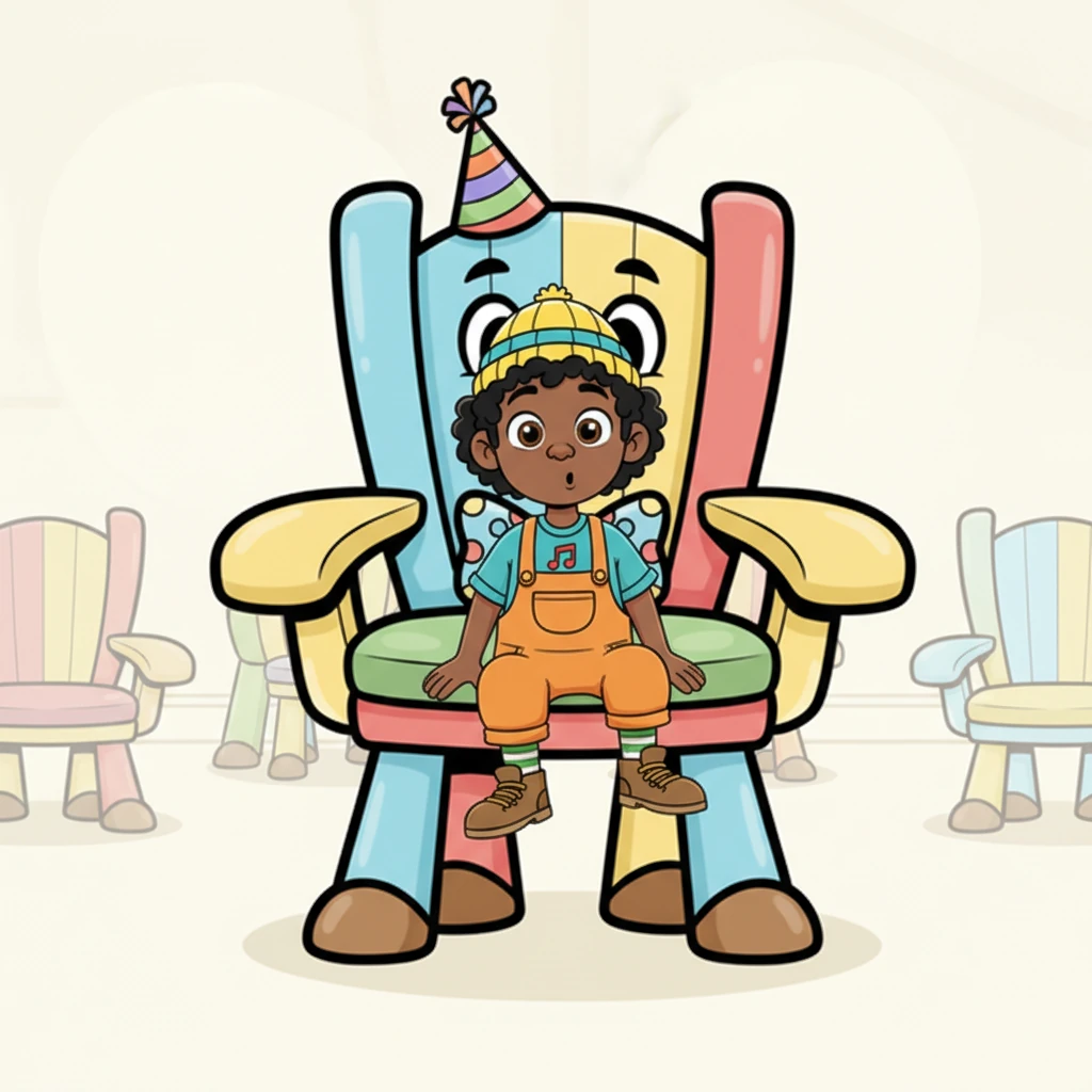 The music suddenly stopped! Barnaby, quick as a wink, sat down in one of the enormous chairs. He looked around, puzzled, realizing he was the only one seated; the chairs were far too big for the children to reach.