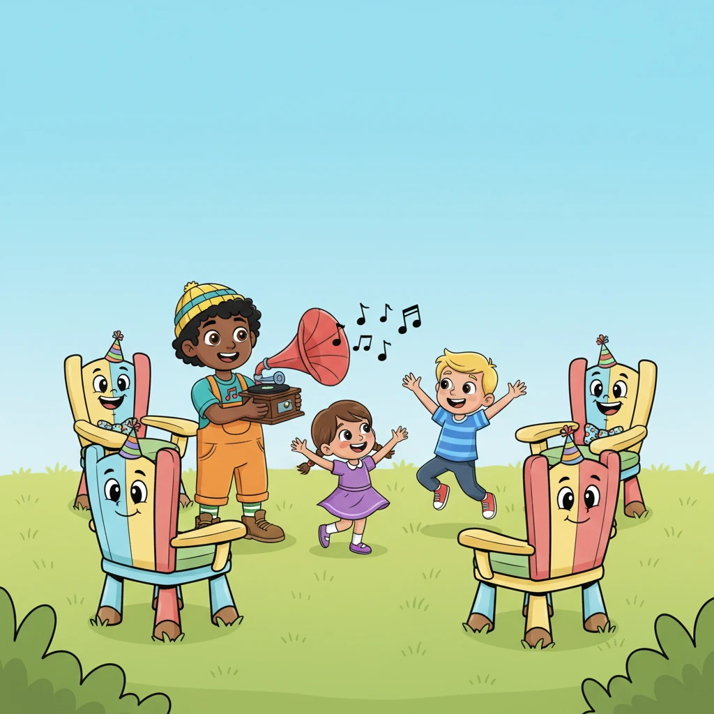 Barnaby thought for a moment, then a brilliant idea sparked in his mind! He found four small, colorful chairs, just the right size. He restarted the music, and the children began to dance with renewed energy.