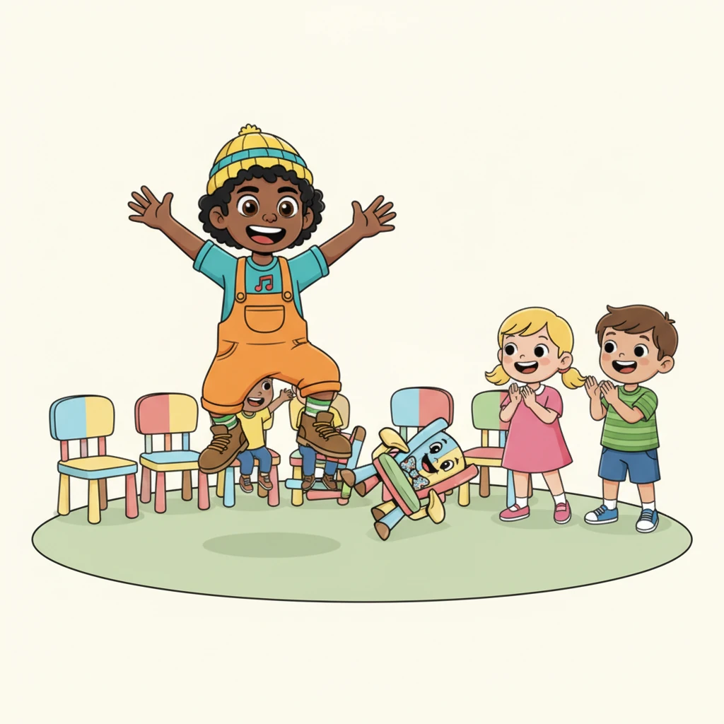 The music started once more, and another chair was removed. They danced even faster! When the music paused, everyone rushed. Two more children didn't find a seat, but they clapped and cheered for their friends.