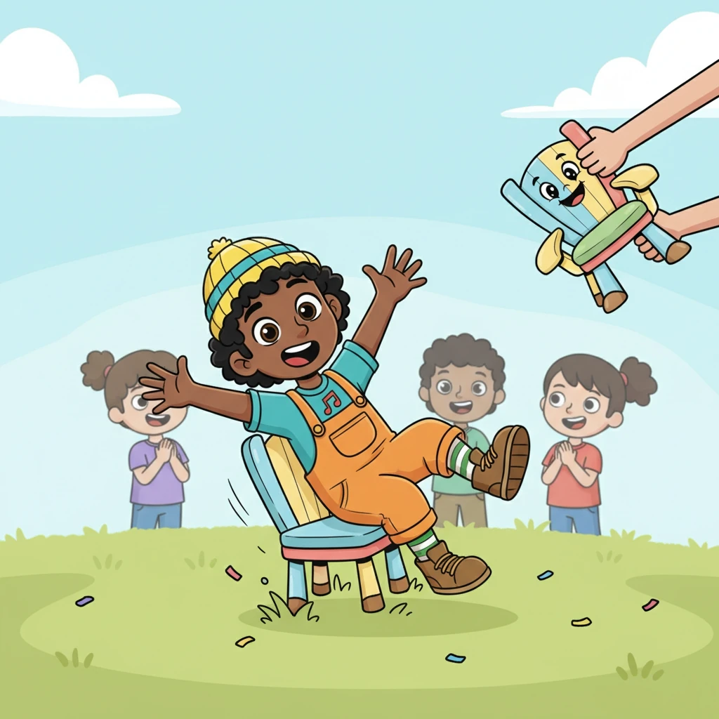 Two more chairs were taken away, leaving only one tiny seat. The music started and stopped so quickly! Everyone scrambled, and with a comical 'BOOM,' Barnaby tried to sit, but the little chair was much too small for him! He tumbled gently, out of the game!