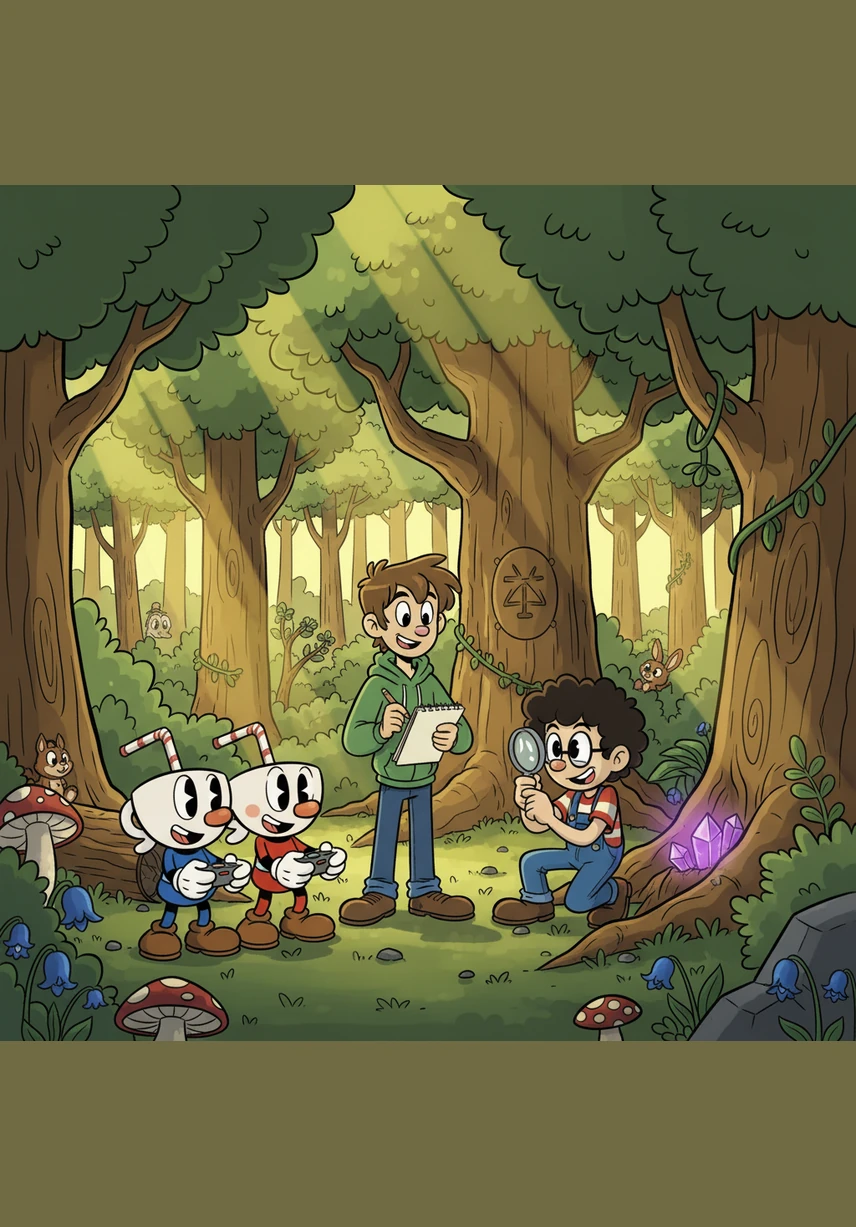 Mugman, Cuphead, Jon, and Julian are exploring the deep, sun-drenched woods behind their neighborhood. They stumble upon a clearing where a single, oversized clover glows with an ethereal, multi-colored light. The boys lean in close, fascinated by the shimmering aura surrounding the strange plant.