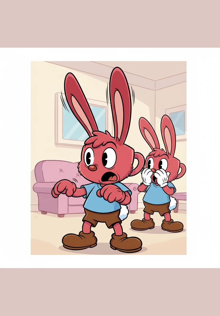 Suddenly, Cuphead’s ears begin to stretch and elongate, turning into long, velvety rabbit ears of a deep crimson hue. He looks down at his hands, which are shrinking into soft, fluffy paws covered in bright red fur. The transformation is quick and magical, leaving him standing as a vibrant red bunny.