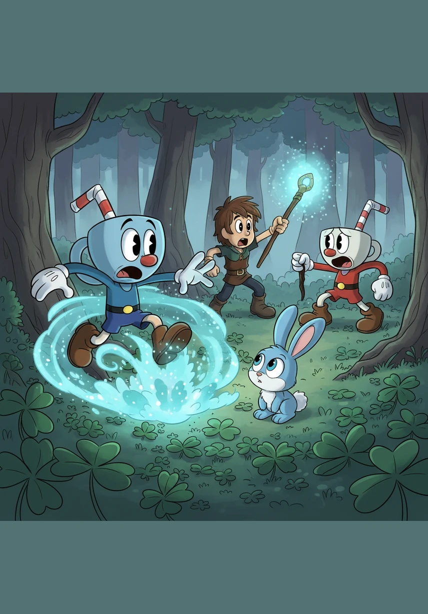 Mugman rushes forward to help his brother, but as he steps into the clover's light, a cool blue mist rises from the ground. The mist wraps around him, and he feels himself shrinking down to the size of a small forest creature. Within moments, Mugman has become a soft, sky-blue bunny with wide, curious eyes.