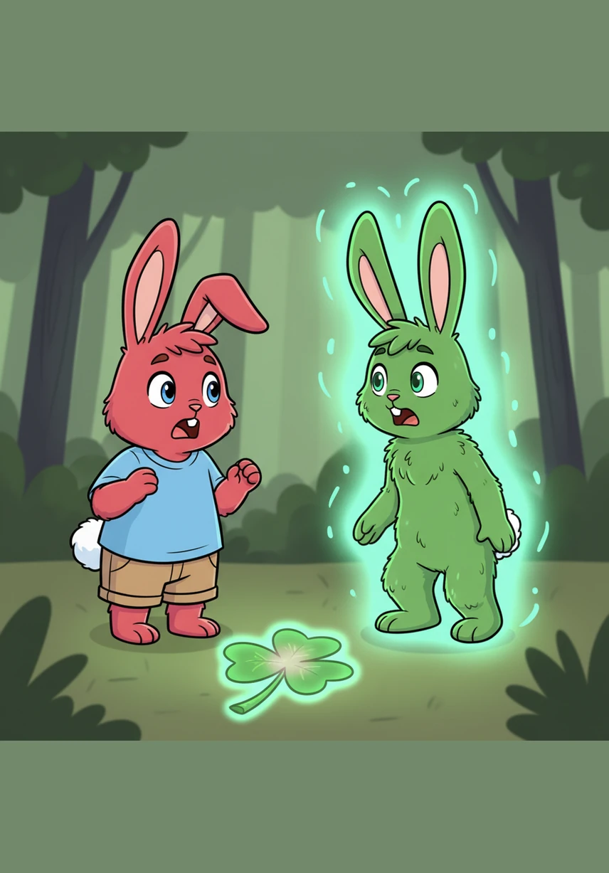Jon and Julian look at each other in shock, but before they can run, the clover pulses with green and pink energy. Jon is suddenly enveloped in an emerald glow that turns his clothes into thick, forest-green fur. He twitches his new little nose as he realizes he has become a sturdy green rabbit.