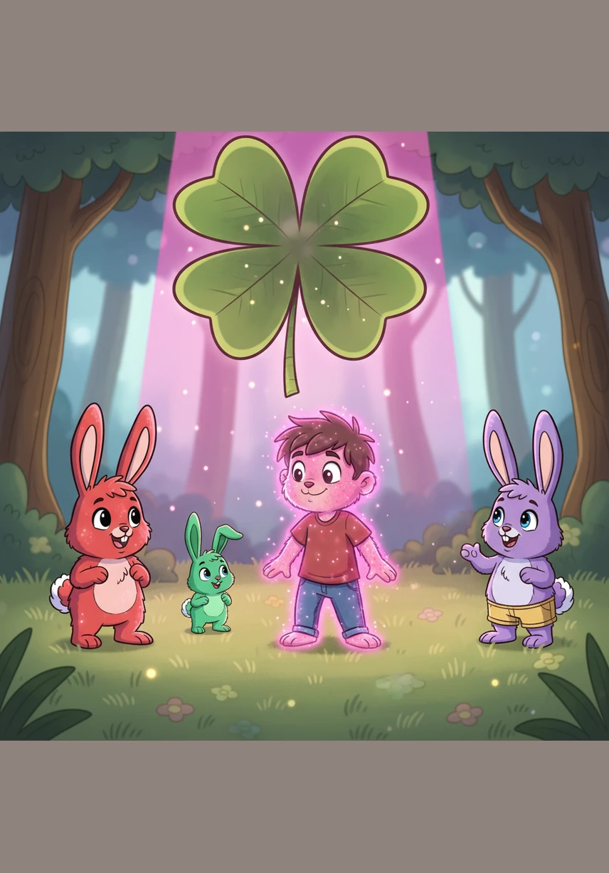 Julian is the last to change as a brilliant magenta light showers down on him from the clover’s leaves. He feels a ticklish sensation all over his body as he shrinks and sprouts fluffy, bubblegum-pink fur. The four twelve-year-old boys have now been completely replaced by four colorful, long-eared bunnies.