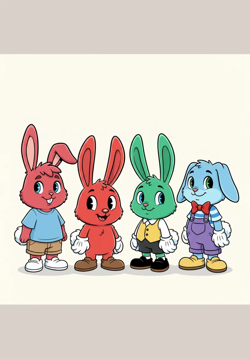 Testing out their new bodies, the bunnies discover they can leap incredible distances with a single bound. They start jumping over fallen logs and through tall patches of wildflowers, leaving streaks of red, blue, green, and pink behind them. The forest floor becomes a giant playground for the colorful quartet.