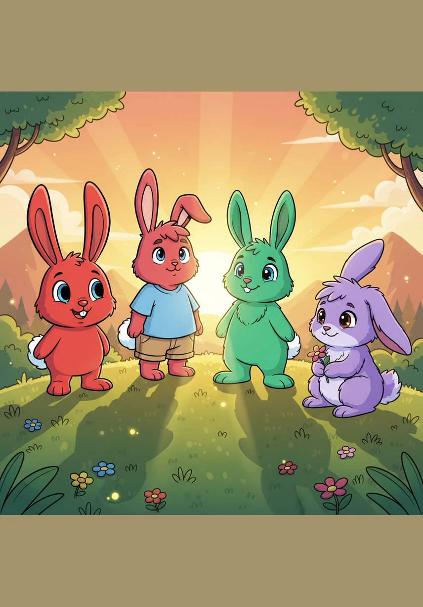 As the golden sun begins to set, the four bunnies gather together on a soft mossy hill to watch the sky turn orange. They realize that while they look different, their adventurous spirits and bond of friendship remain exactly the same. The magic of the clover has given them a new perspective on the world around them.
